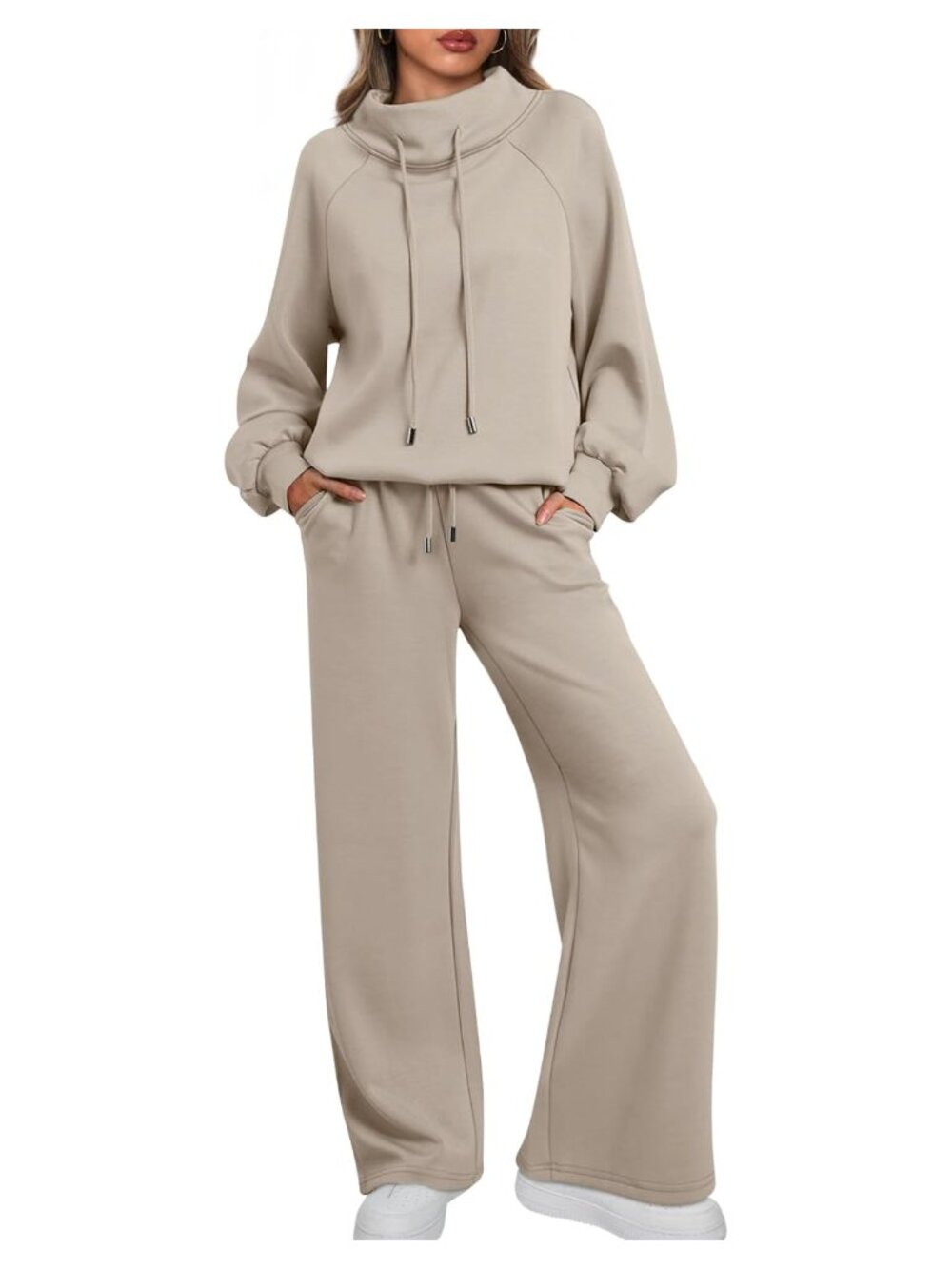 Womens Mock Neck 2 Piece Lounge Set Sweatsuit Wide Leg Drawstring